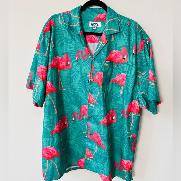 Vibrant Pink Flamingo Wooden Button Down Shirt By Uzzi Size XL - Picture 2 of 6